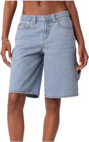 Women Y2K Baggy Denim Shorts Loose Mid Rise Cargo Long Jean Shorts Summer Wide Leg Distressed Carpenter Jorts
