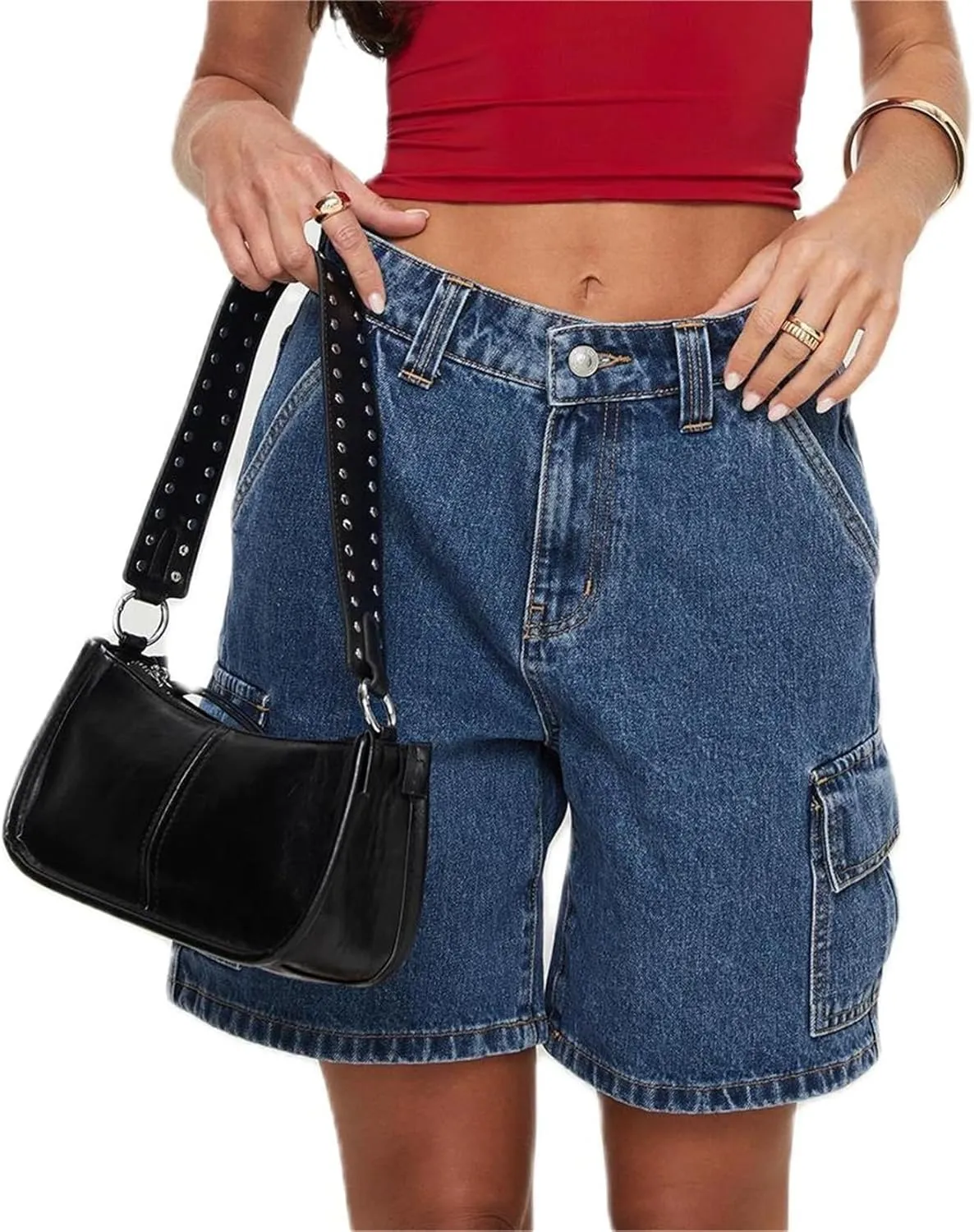 Women Y2K Baggy Denim Shorts Loose Mid Rise Cargo Long Jean Shorts Summer Wide Leg Distressed Carpenter Jorts
