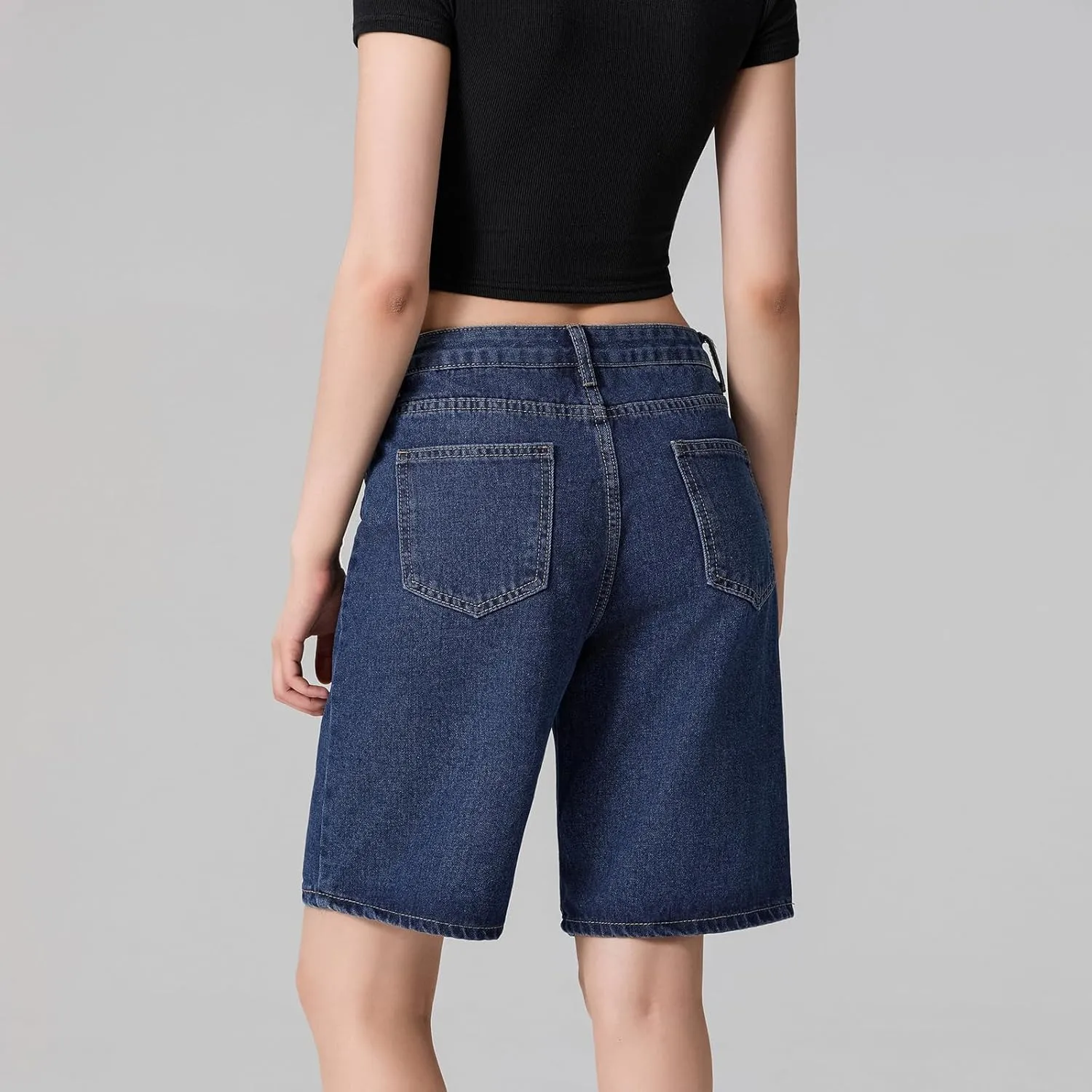 Women Y2K Baggy Denim Shorts Loose Mid Rise Cargo Long Jean Shorts Summer Wide Leg Distressed Carpenter Jorts