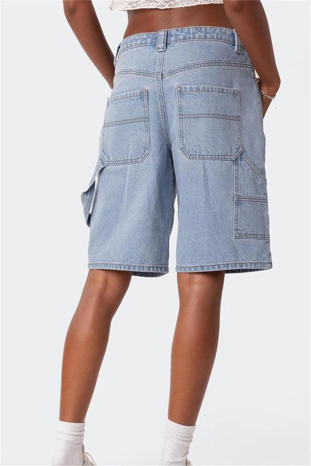 Women Y2K Baggy Denim Shorts Loose Mid Rise Cargo Long Jean Shorts Summer Wide Leg Distressed Carpenter Jorts