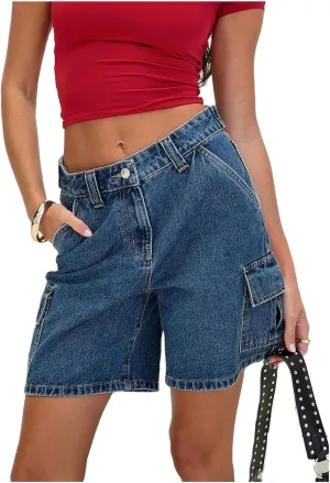 Women Y2K Baggy Denim Shorts Loose Mid Rise Cargo Long Jean Shorts Summer Wide Leg Distressed Carpenter Jorts