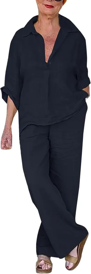 Womens 2 Piece Cotton Linen Outfits Button Down Long Sleeve Shirt Loose Elastic Waist Wide Leg Pants Sets with Pockets