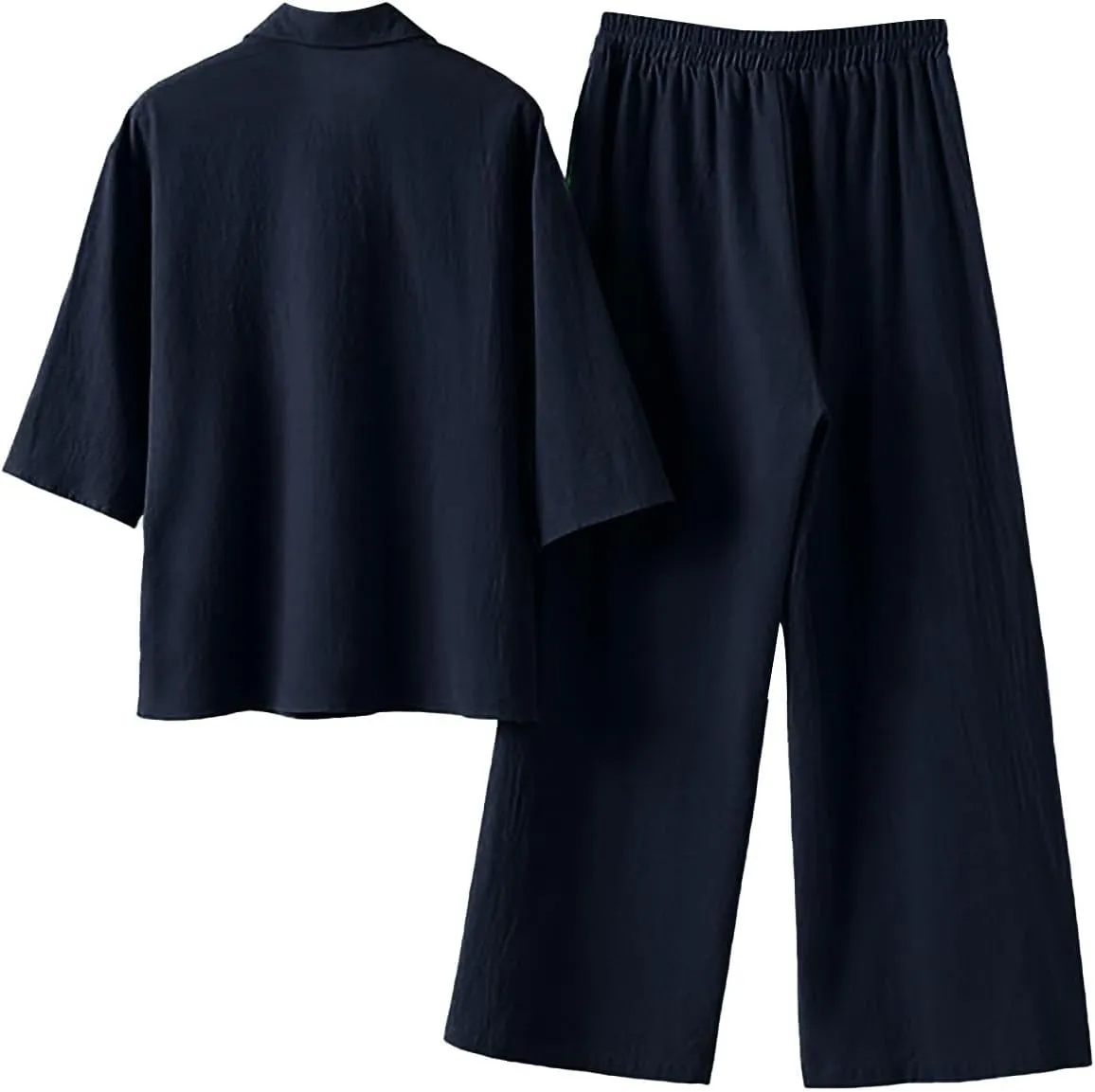 Womens 2 Piece Cotton Linen Outfits Button Down Long Sleeve Shirt Loose Elastic Waist Wide Leg Pants Sets with Pockets