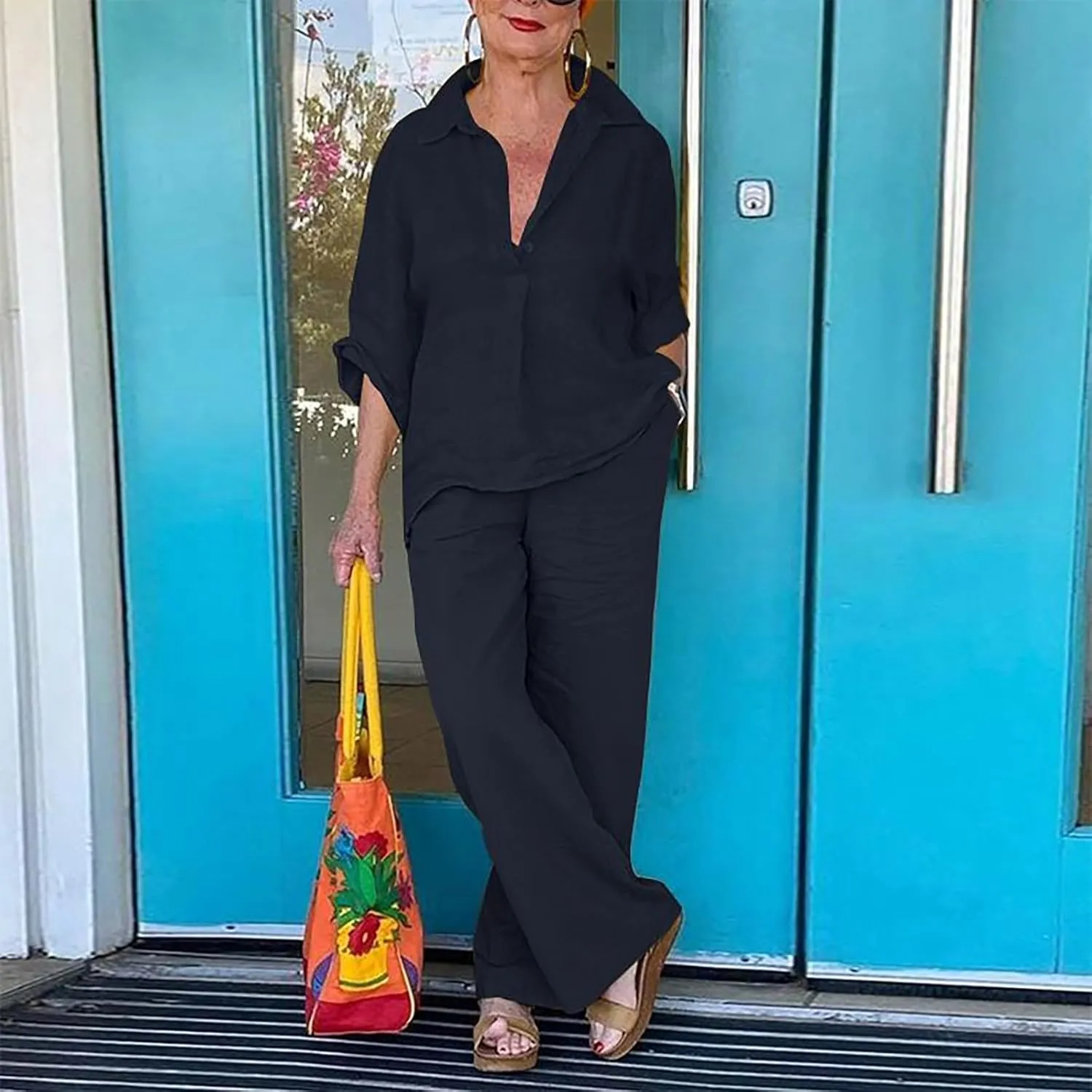 Womens 2 Piece Cotton Linen Outfits Button Down Long Sleeve Shirt Loose Elastic Waist Wide Leg Pants Sets with Pockets