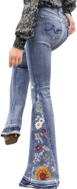 womens Bell Bottom High Waisted Stretch Flare Button Fly Wide Leg Embroidery Bootcut Y2K Denim Pant, 01-light Blue, Medium