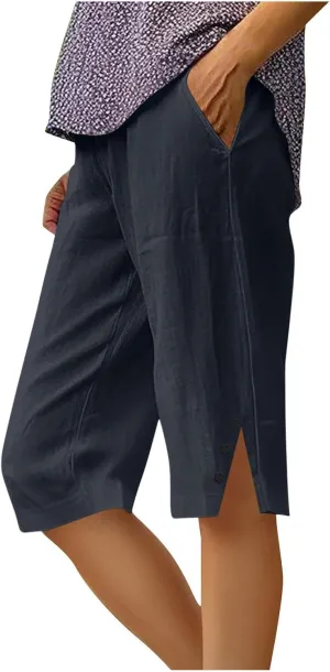 Womens Bermuda Shorts Knee Length Dressy Causal Elastic Waist Buttons Linen Shorts with Pockets Summer Beach Outfits