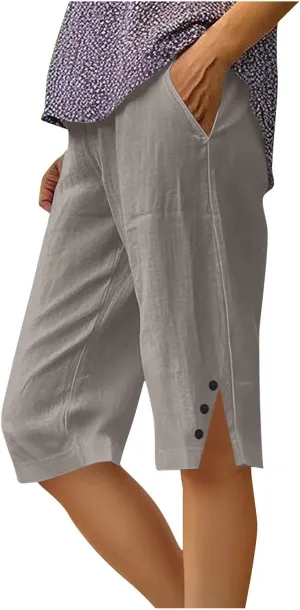 Womens Bermuda Shorts Knee Length Dressy Causal Elastic Waist Buttons Linen Shorts with Pockets Summer Beach Outfits