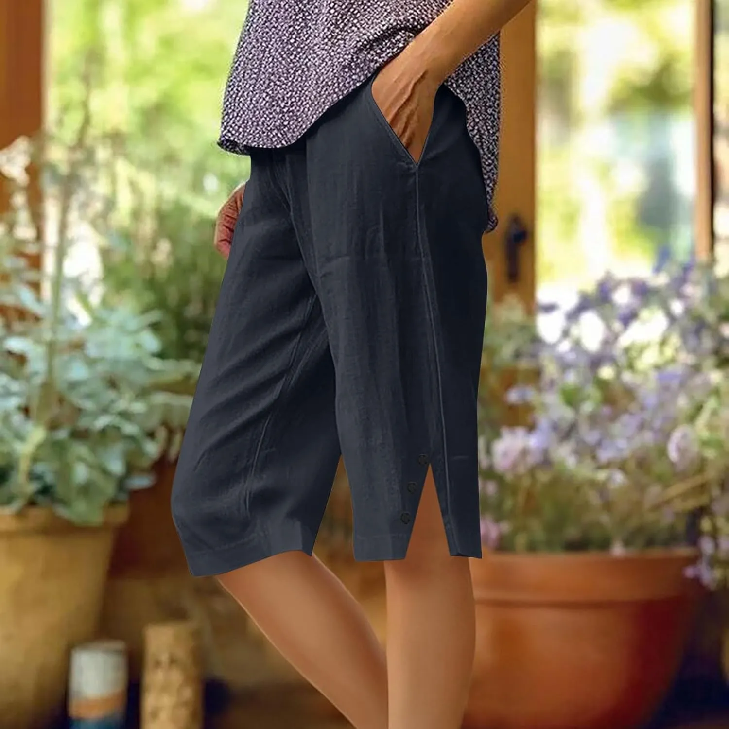 Womens Bermuda Shorts Knee Length Dressy Causal Elastic Waist Buttons Linen Shorts with Pockets Summer Beach Outfits