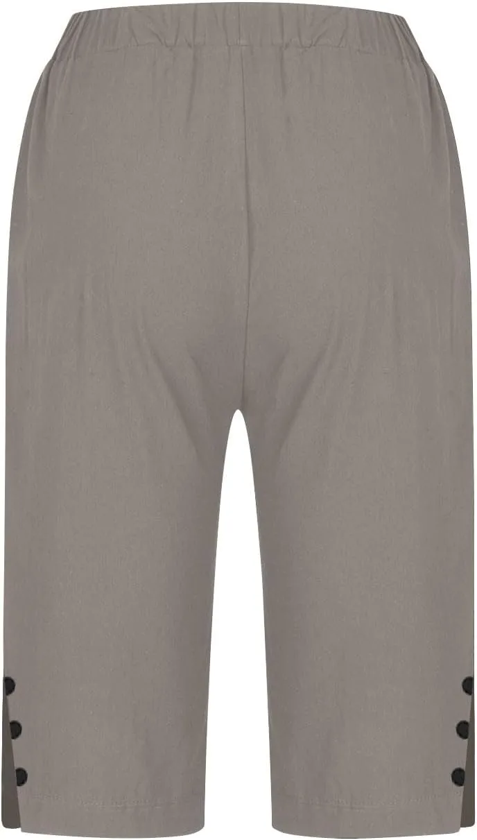 Womens Bermuda Shorts Knee Length Dressy Causal Elastic Waist Buttons Linen Shorts with Pockets Summer Beach Outfits