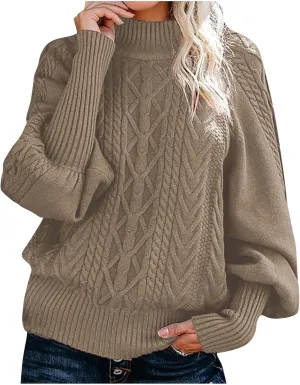 Womens Cable Knit Sweaters, Crewneck Long Sleeve Pullover Tops Casual Chunky Knitted Sweater