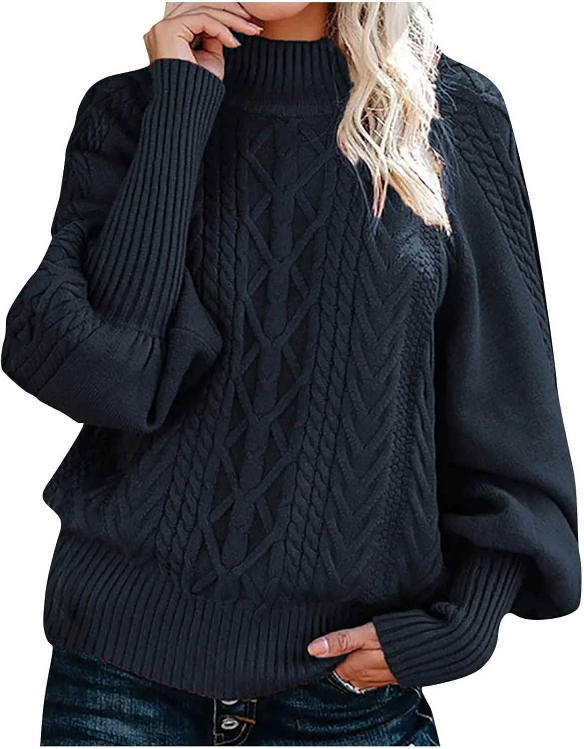 Womens Cable Knit Sweaters, Crewneck Long Sleeve Pullover Tops Casual Chunky Knitted Sweater