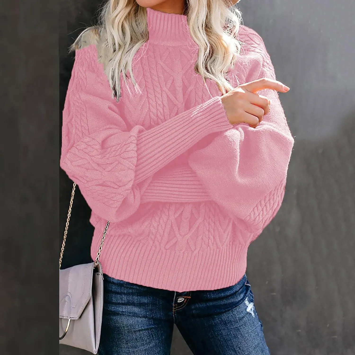 Womens Cable Knit Sweaters, Crewneck Long Sleeve Pullover Tops Casual Chunky Knitted Sweater