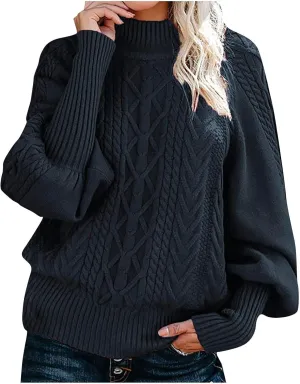 Womens Cable Knit Sweaters, Crewneck Long Sleeve Pullover Tops Casual Chunky Knitted Sweater