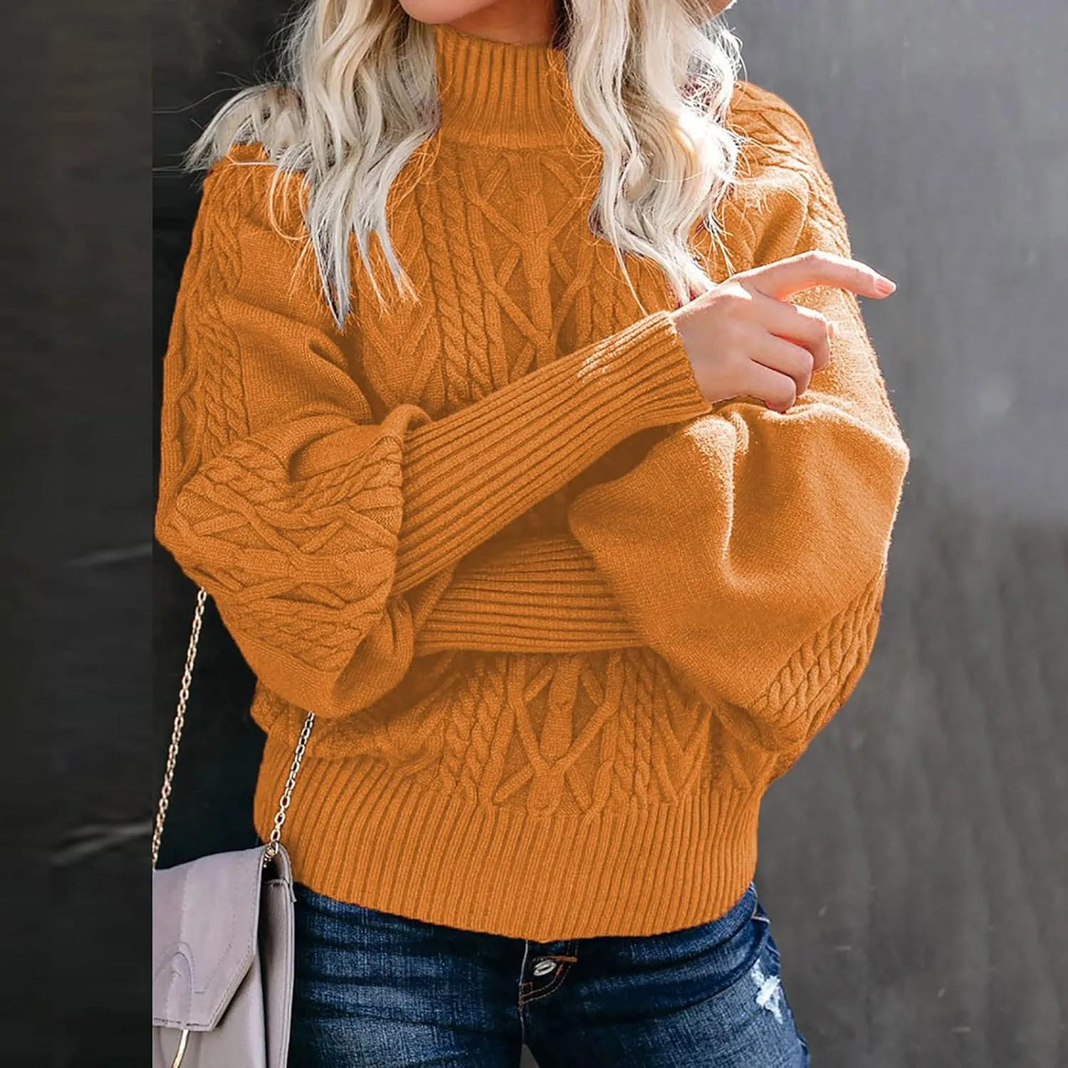 Womens Cable Knit Sweaters, Crewneck Long Sleeve Pullover Tops Casual Chunky Knitted Sweater