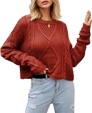 Women's Cable Knit Sweaters Crewneck Pullover Long Sleeve Casual Chunky Knit Blouse Top