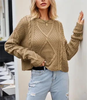 Women's Cable Knit Sweaters Crewneck Pullover Long Sleeve Casual Chunky Knit Blouse Top