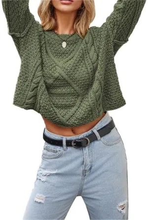 Women's Cable Knit Sweaters Crewneck Pullover Long Sleeve Casual Chunky Knit Blouse Top