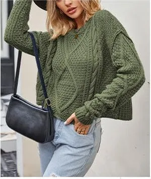 Women's Cable Knit Sweaters Crewneck Pullover Long Sleeve Casual Chunky Knit Blouse Top