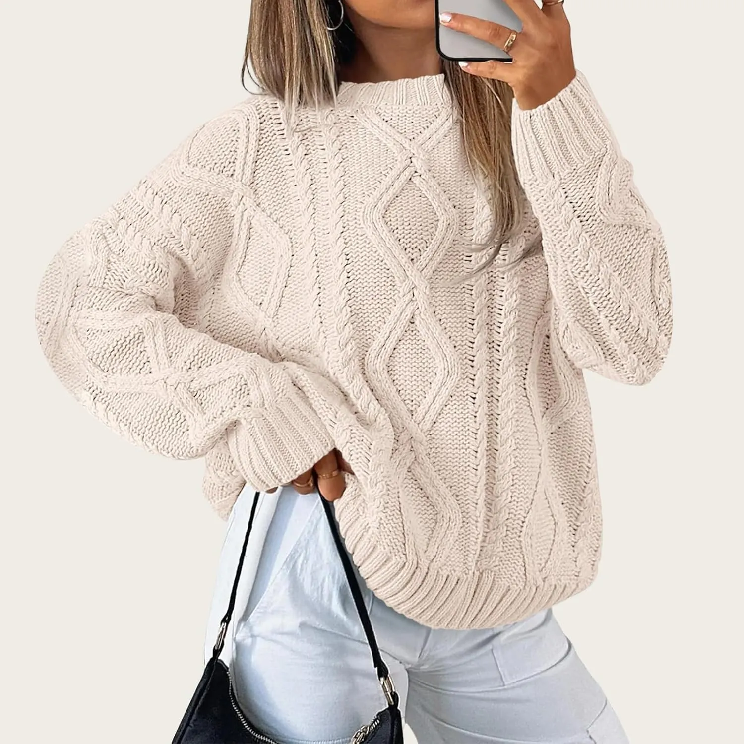Womens Cable Knit Sweaters Oversized Crewneck Pullover Casual Long Sleeve Sweatshirt Knitted Tops