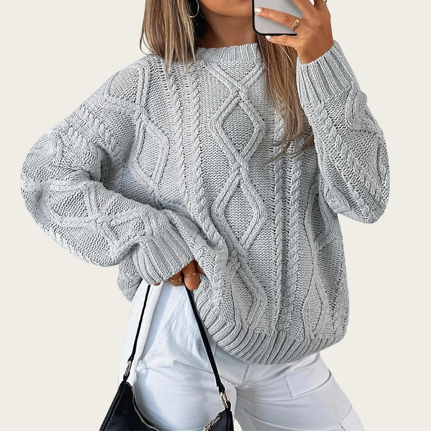 Womens Cable Knit Sweaters Oversized Crewneck Pullover Casual Long Sleeve Sweatshirt Knitted Tops