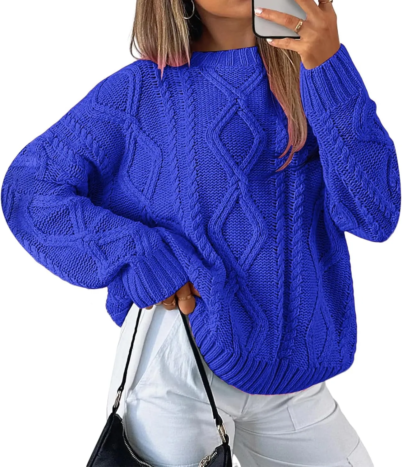 Womens Cable Knit Sweaters Oversized Crewneck Pullover Casual Long Sleeve Sweatshirt Knitted Tops