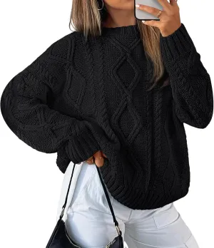 Womens Cable Knit Sweaters Oversized Crewneck Pullover Casual Long Sleeve Sweatshirt Knitted Tops
