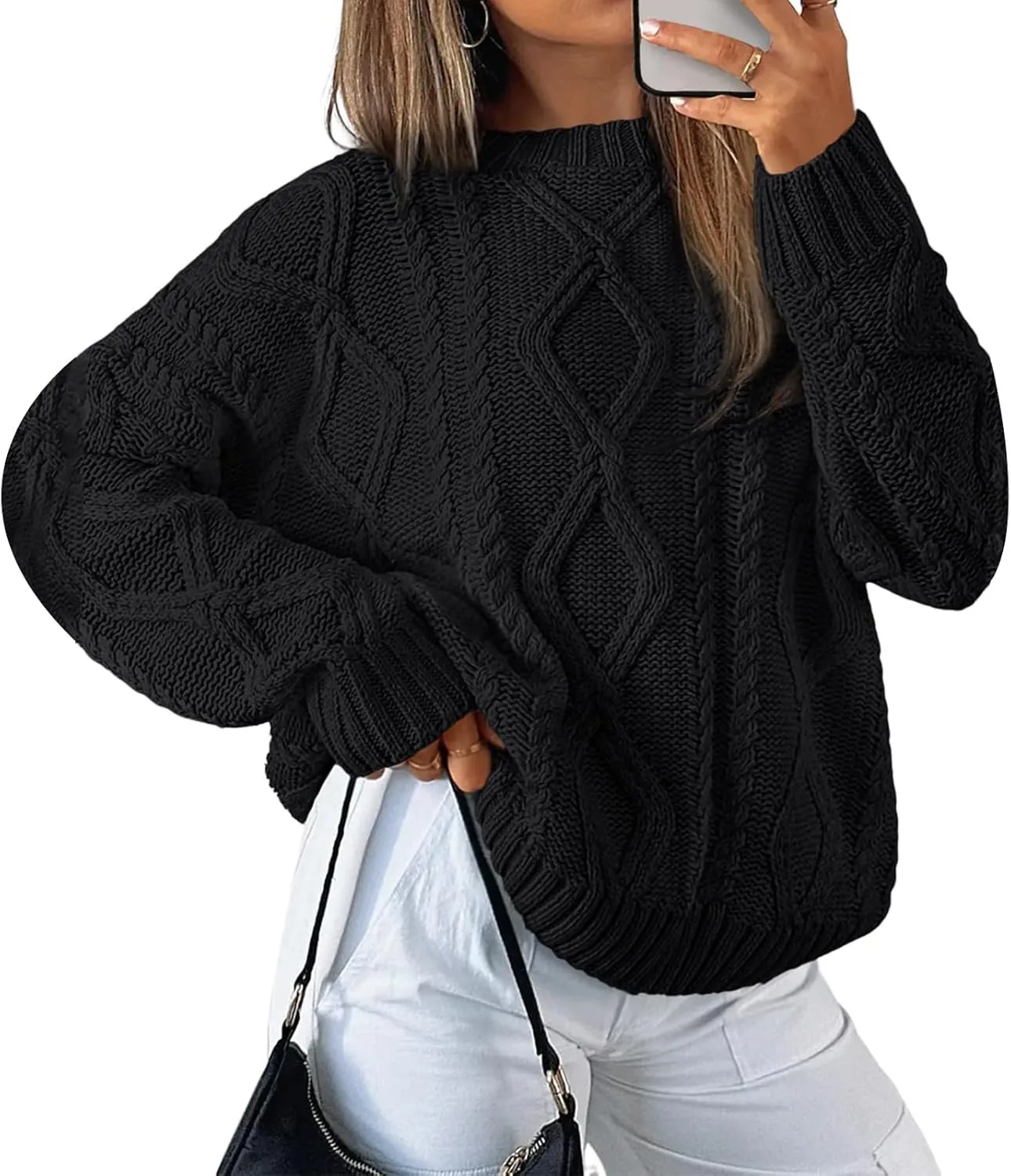 Womens Cable Knit Sweaters Oversized Crewneck Pullover Casual Long Sleeve Sweatshirt Knitted Tops