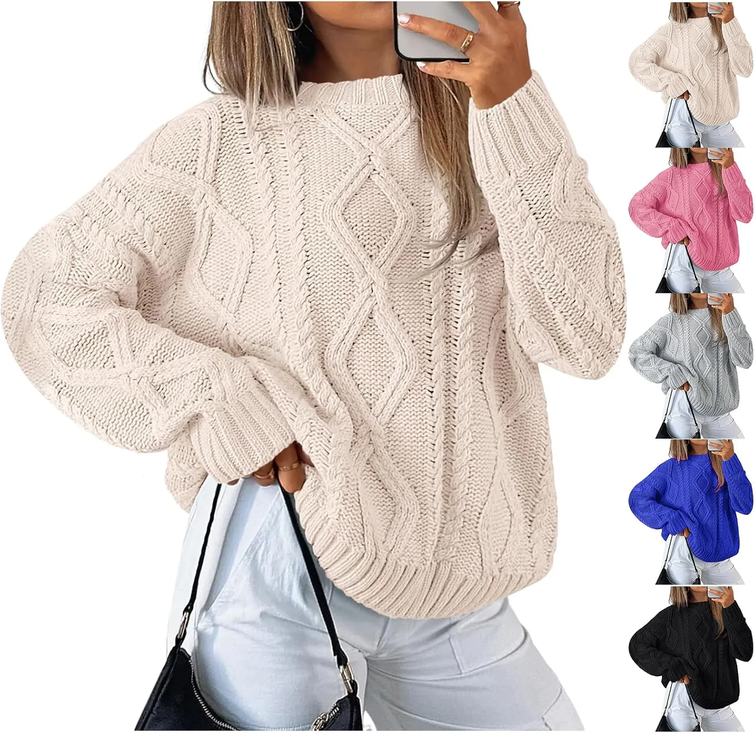 Womens Cable Knit Sweaters Oversized Crewneck Pullover Casual Long Sleeve Sweatshirt Knitted Tops