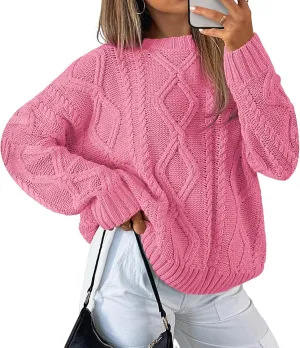 Womens Cable Knit Sweaters Oversized Crewneck Pullover Casual Long Sleeve Sweatshirt Knitted Tops