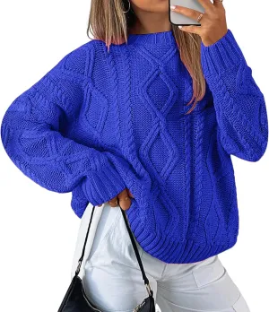 Womens Cable Knit Sweaters Oversized Crewneck Pullover Casual Long Sleeve Sweatshirt Knitted Tops