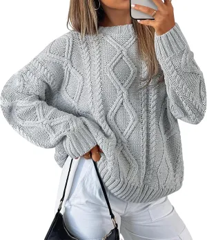 Womens Cable Knit Sweaters Oversized Crewneck Pullover Casual Long Sleeve Sweatshirt Knitted Tops
