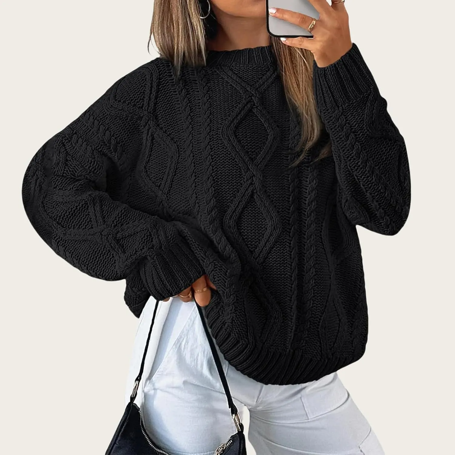 Womens Cable Knit Sweaters Oversized Crewneck Pullover Casual Long Sleeve Sweatshirt Knitted Tops