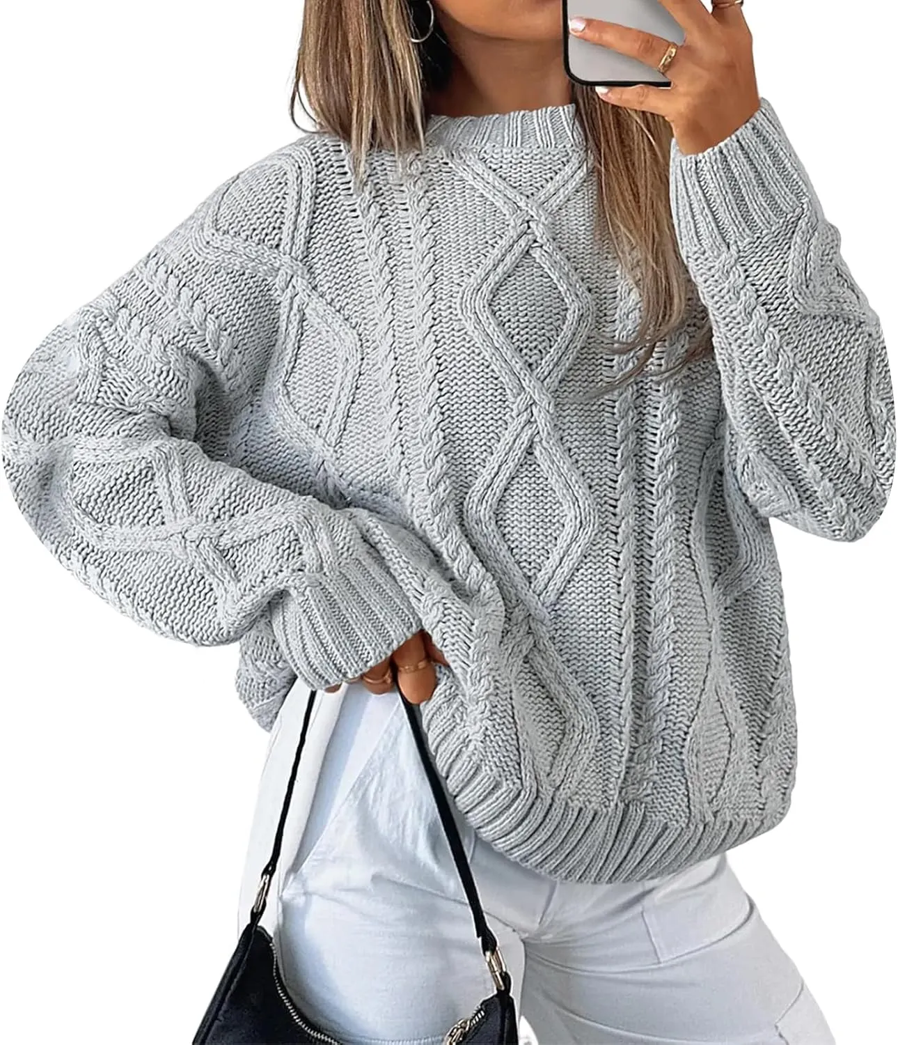 Womens Cable Knit Sweaters Oversized Crewneck Pullover Casual Long Sleeve Sweatshirt Knitted Tops
