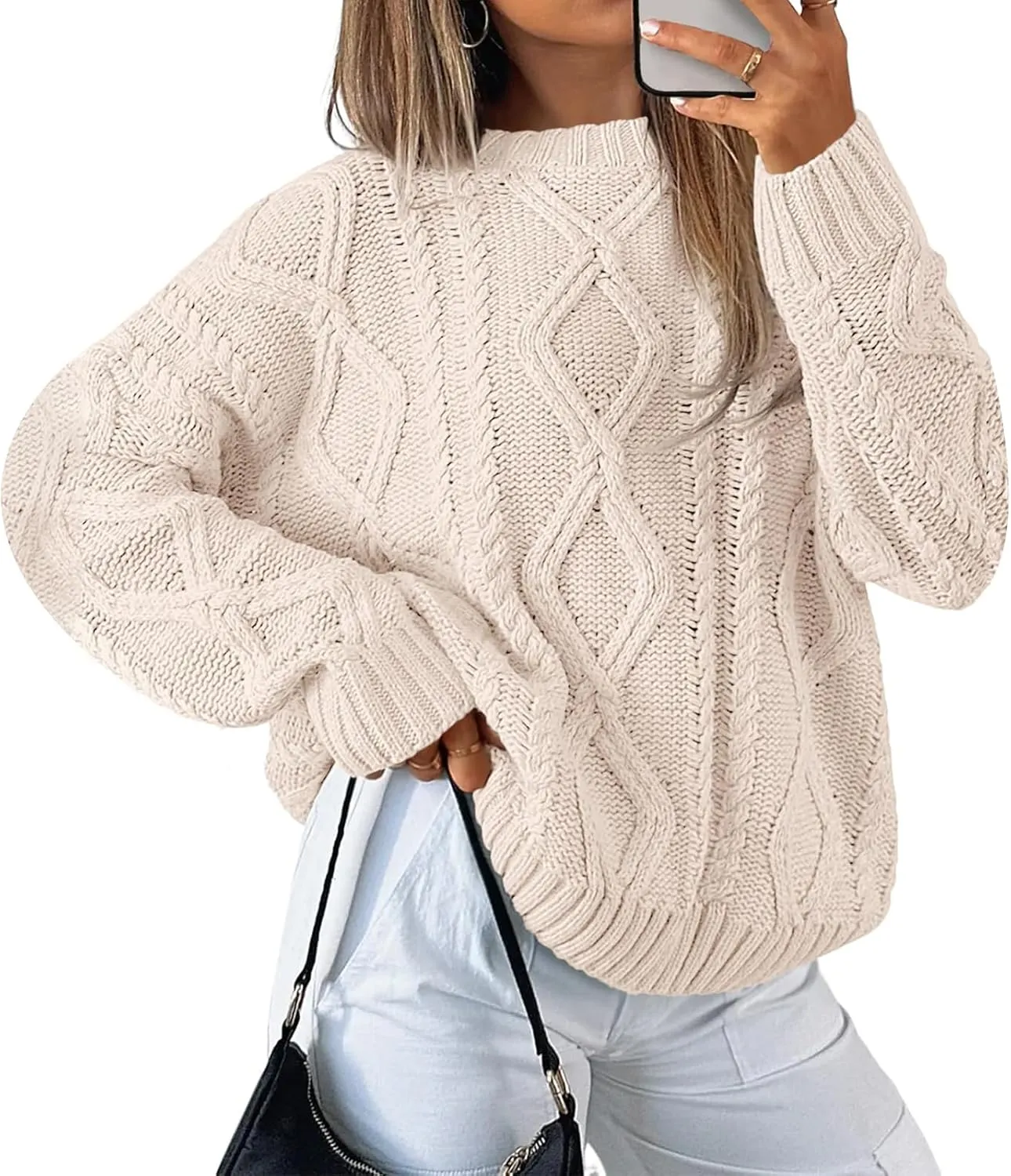 Womens Cable Knit Sweaters Oversized Crewneck Pullover Casual Long Sleeve Sweatshirt Knitted Tops