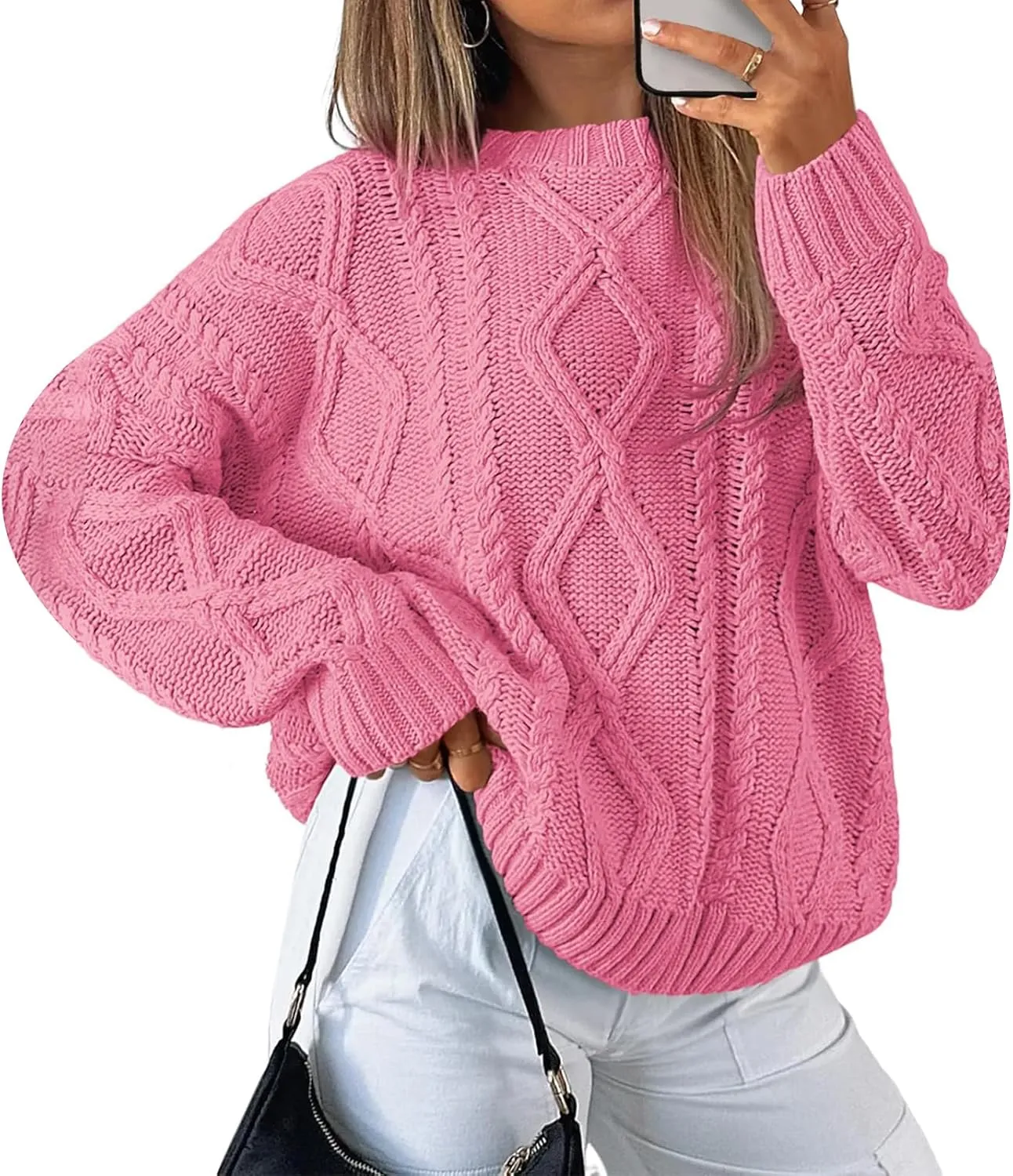 Womens Cable Knit Sweaters Oversized Crewneck Pullover Casual Long Sleeve Sweatshirt Knitted Tops