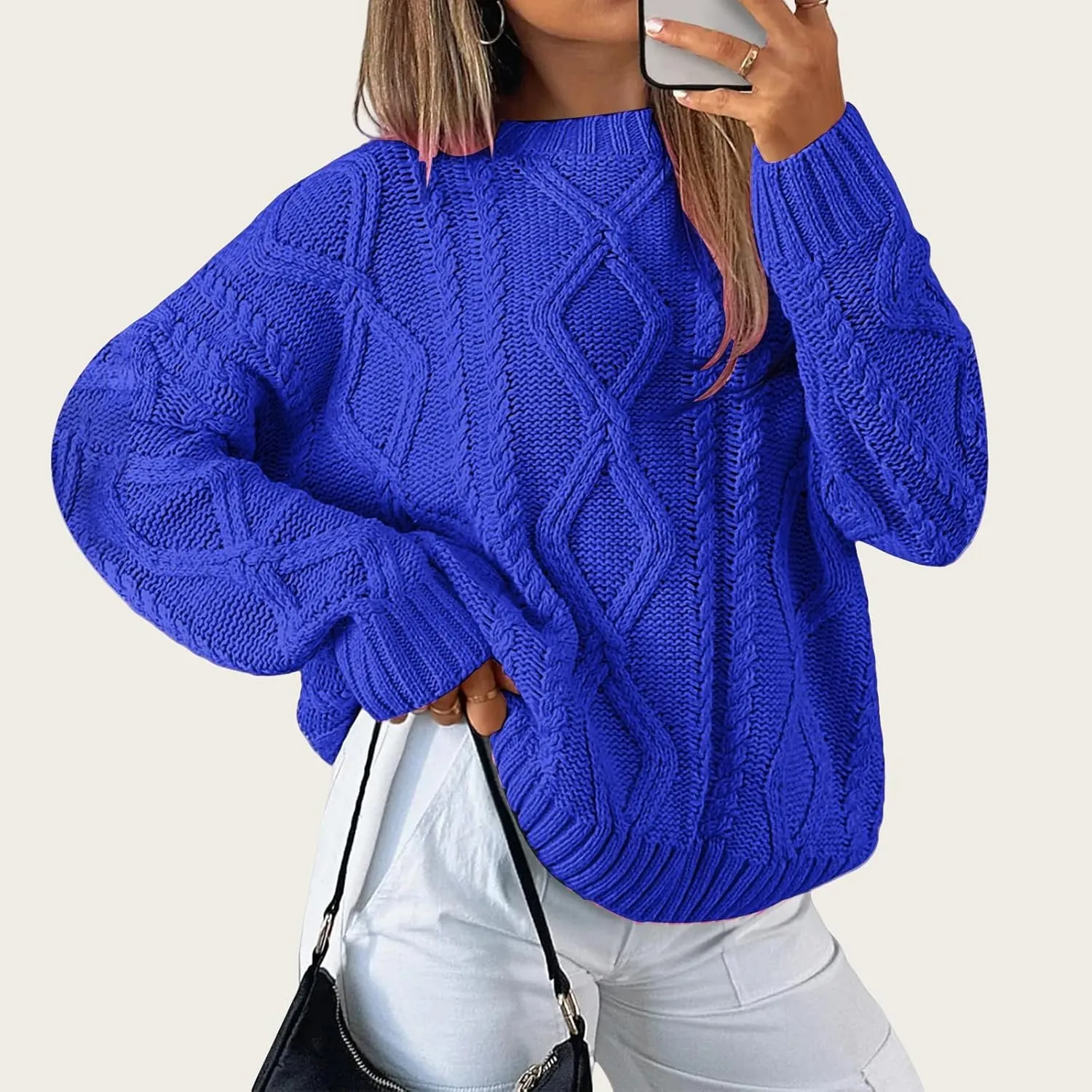 Womens Cable Knit Sweaters Oversized Crewneck Pullover Casual Long Sleeve Sweatshirt Knitted Tops
