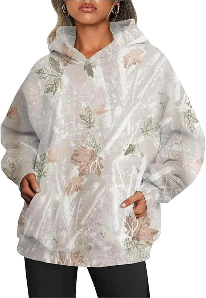 Womens Camo Hoodies Sweatshirts Long Sleeve Pullover Fleece Oversized Sweaters Casual Loose Tops with Pocket