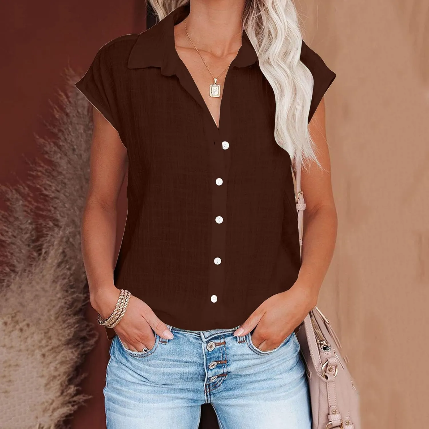 Women's Cap Sleeve Button Down Shirts Cotton Linen V Neck Tees Tops Short Sleeve Office Casual Business Plain Blouses