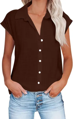 Women's Cap Sleeve Button Down Shirts Cotton Linen V Neck Tees Tops Short Sleeve Office Casual Business Plain Blouses
