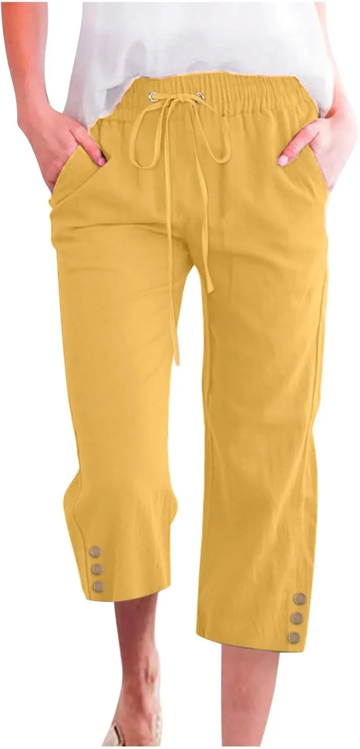 Womens Capris Pants High Waist Drawstring Comfy Casual Pants Lightweight Loose Trousers Buttons Trim with Pockets