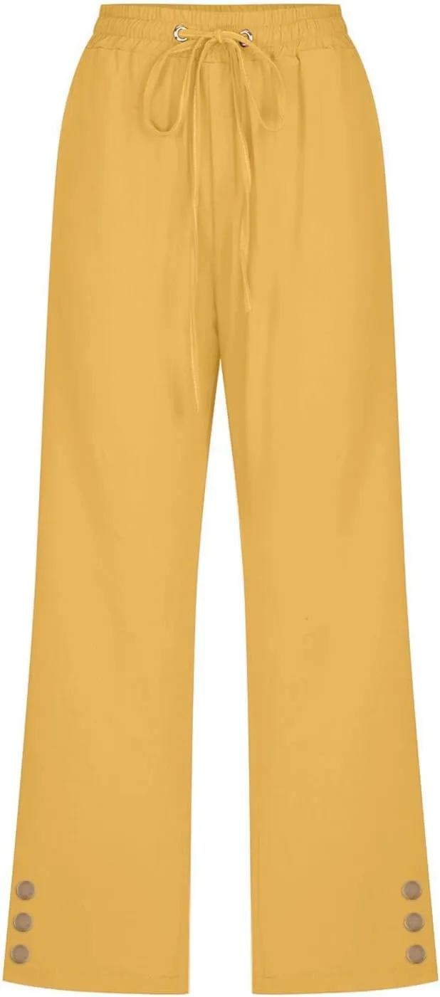 Womens Capris Pants High Waist Drawstring Comfy Casual Pants Lightweight Loose Trousers Buttons Trim with Pockets