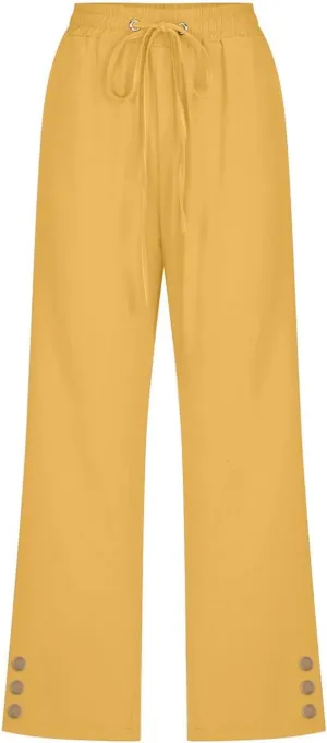 Womens Capris Pants High Waist Drawstring Comfy Casual Pants Lightweight Loose Trousers Buttons Trim with Pockets