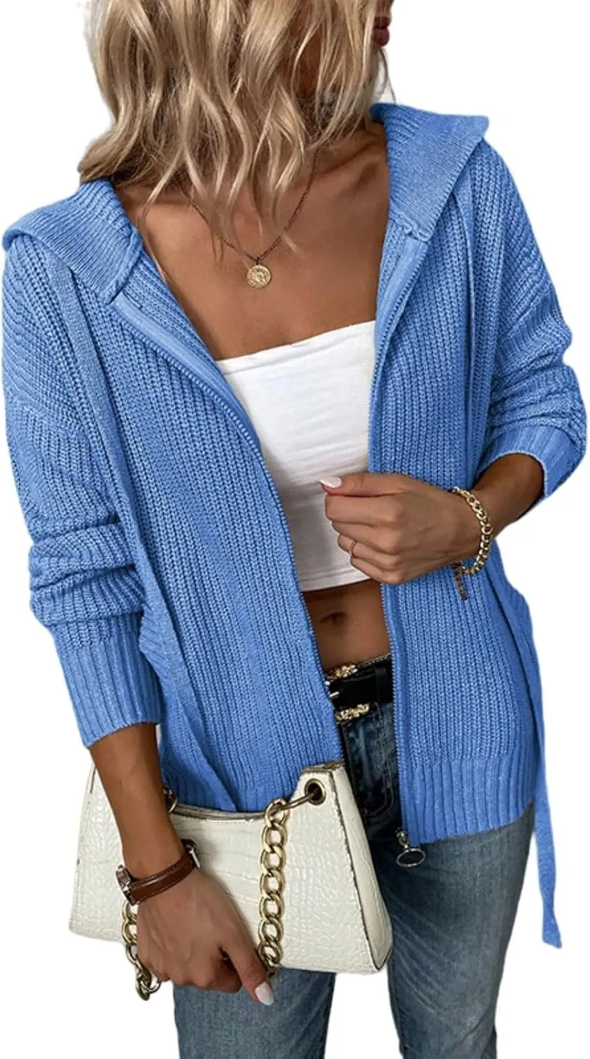 Womens Cardigan Hooded Sweaters Full Zipper Cable Knit Coats Open Front Long Sleeve Outwear Casual Drawstring Tops