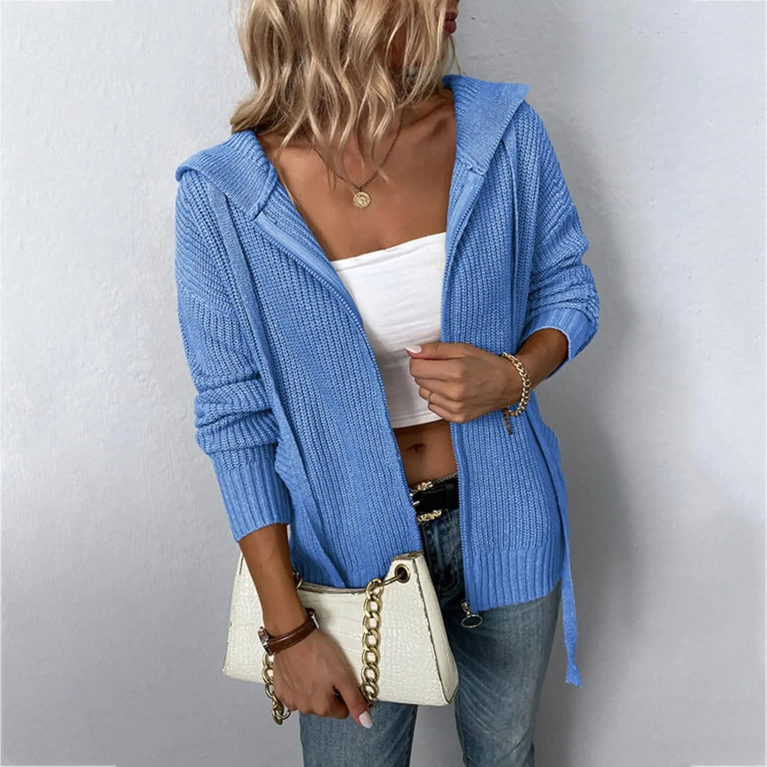 Womens Cardigan Hooded Sweaters Full Zipper Cable Knit Coats Open Front Long Sleeve Outwear Casual Drawstring Tops