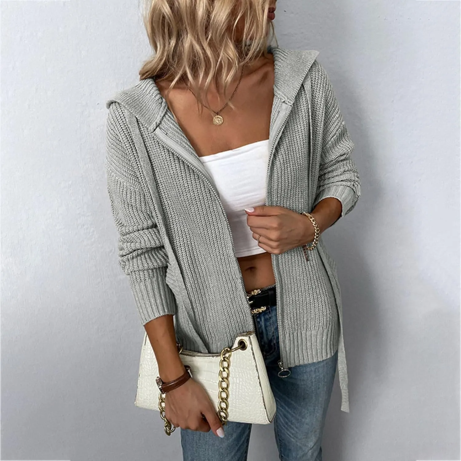 Womens Cardigan Hooded Sweaters Full Zipper Cable Knit Coats Open Front Long Sleeve Outwear Casual Drawstring Tops