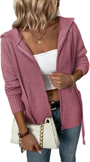 Womens Cardigan Hooded Sweaters Full Zipper Cable Knit Coats Open Front Long Sleeve Outwear Casual Drawstring Tops