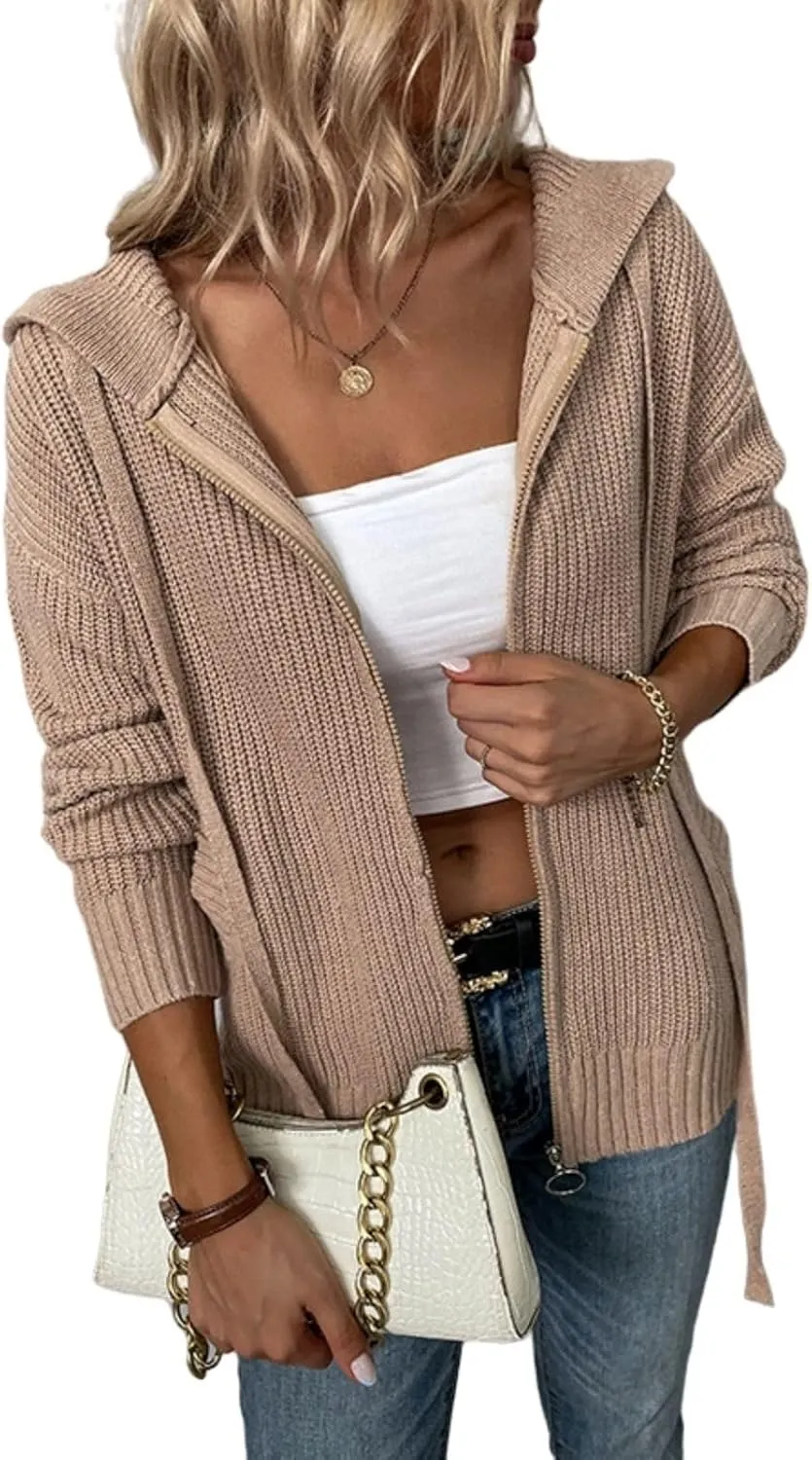 Womens Cardigan Hooded Sweaters Full Zipper Cable Knit Coats Open Front Long Sleeve Outwear Casual Drawstring Tops