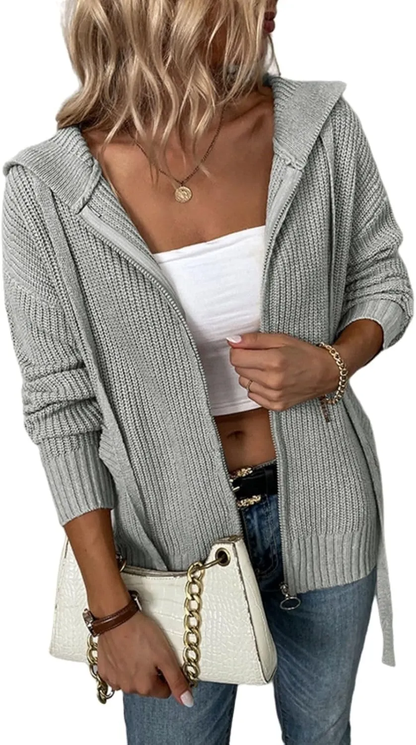 Womens Cardigan Hooded Sweaters Full Zipper Cable Knit Coats Open Front Long Sleeve Outwear Casual Drawstring Tops