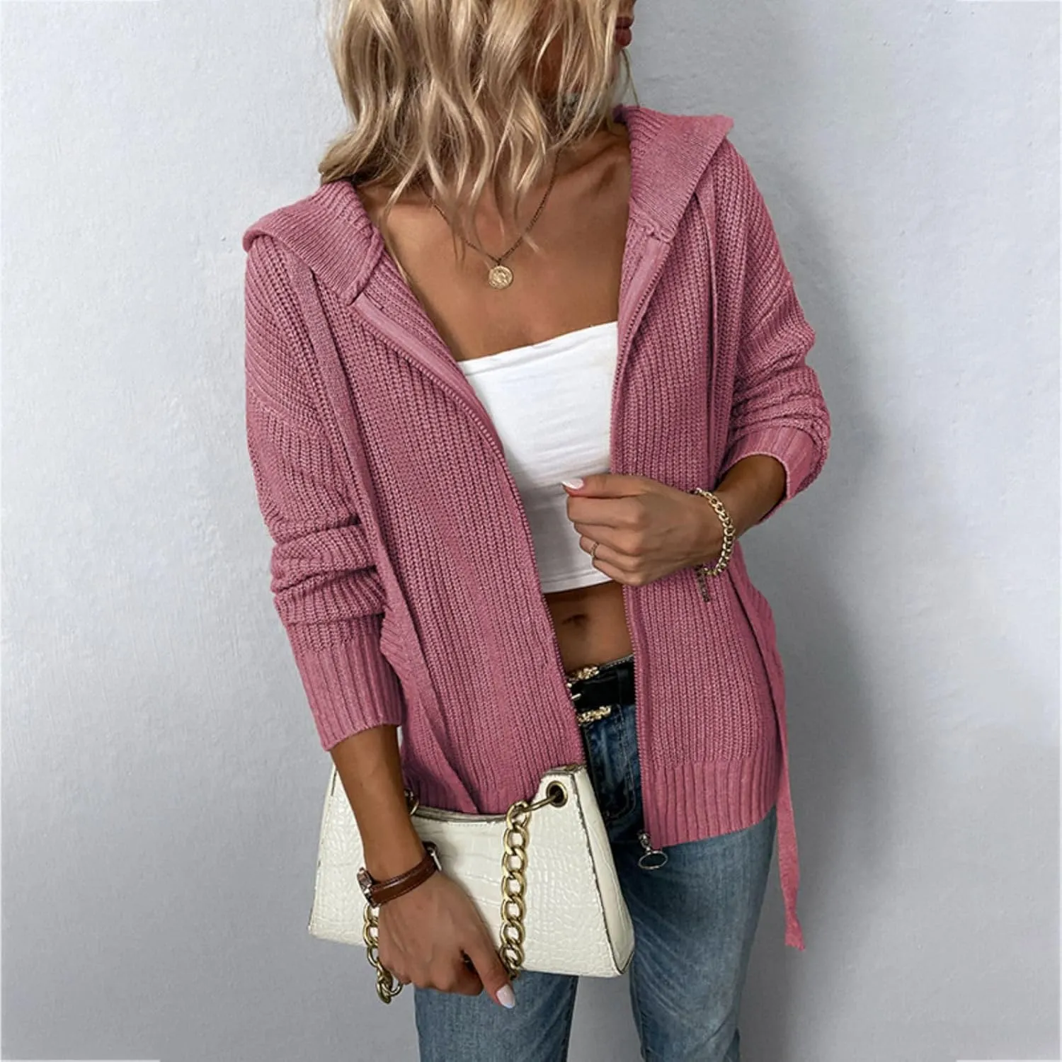 Womens Cardigan Hooded Sweaters Full Zipper Cable Knit Coats Open Front Long Sleeve Outwear Casual Drawstring Tops
