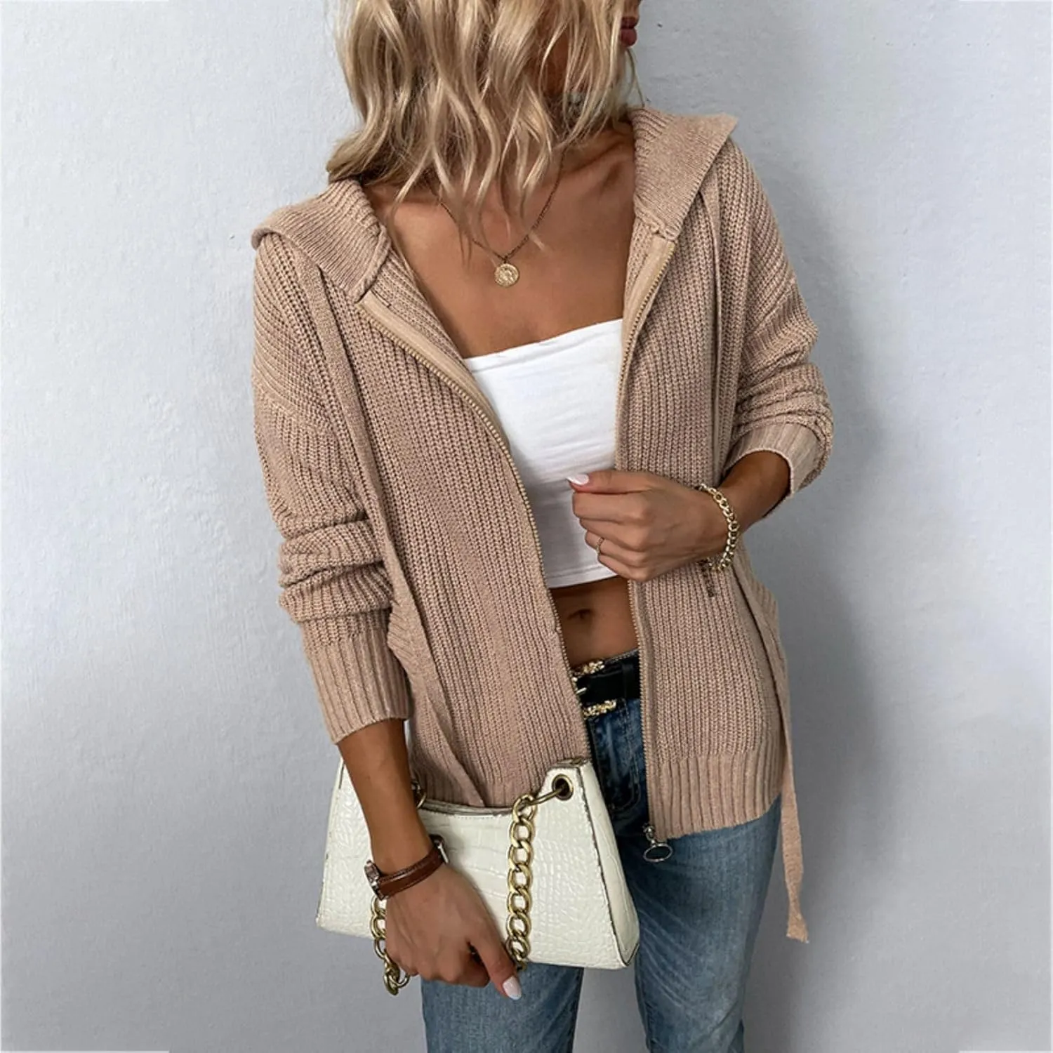 Womens Cardigan Hooded Sweaters Full Zipper Cable Knit Coats Open Front Long Sleeve Outwear Casual Drawstring Tops
